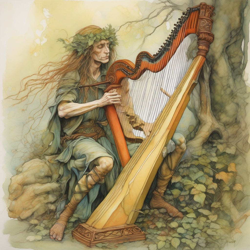 fae man playing a harp