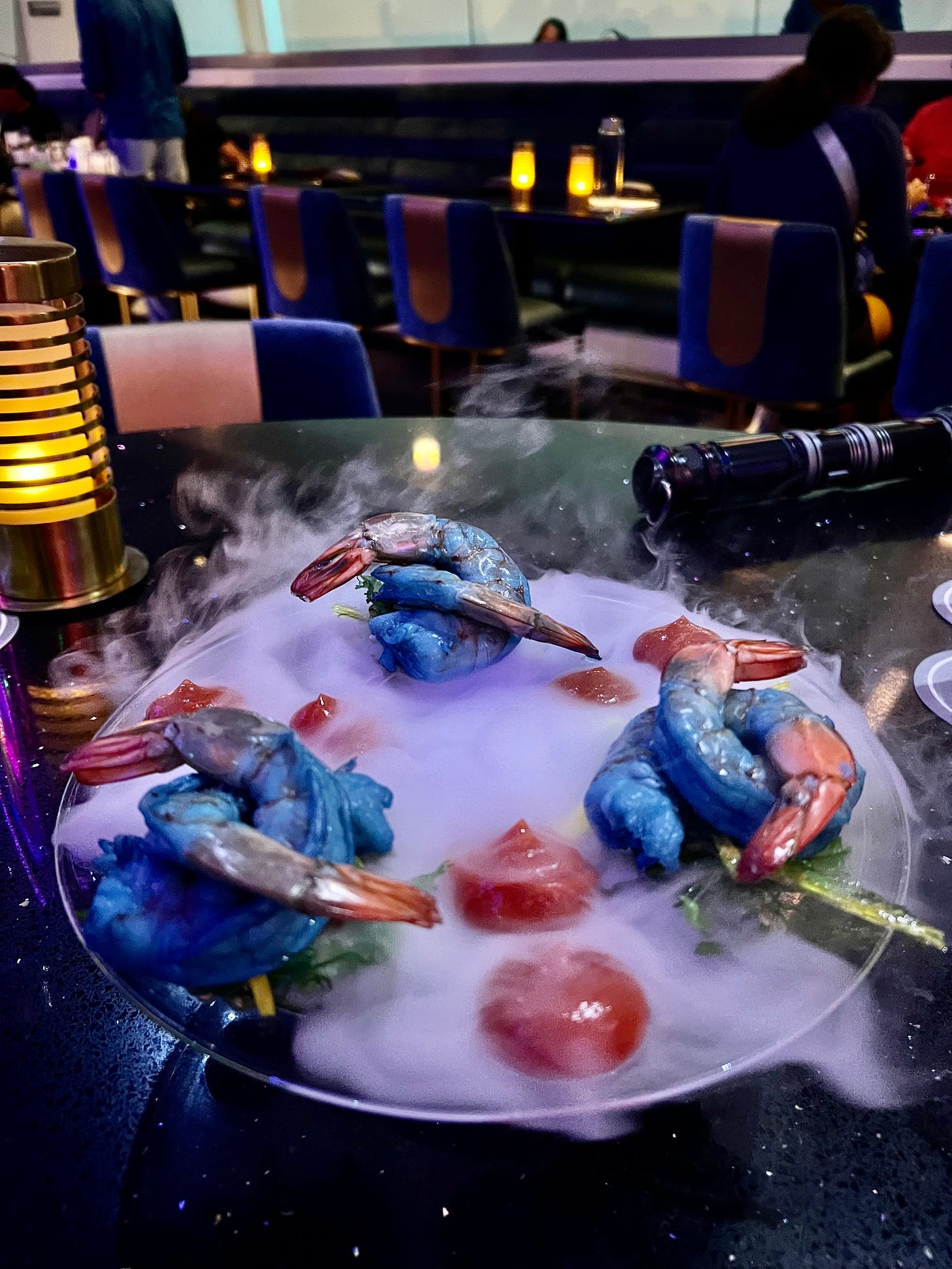Blue shrimp, surrounded by mist