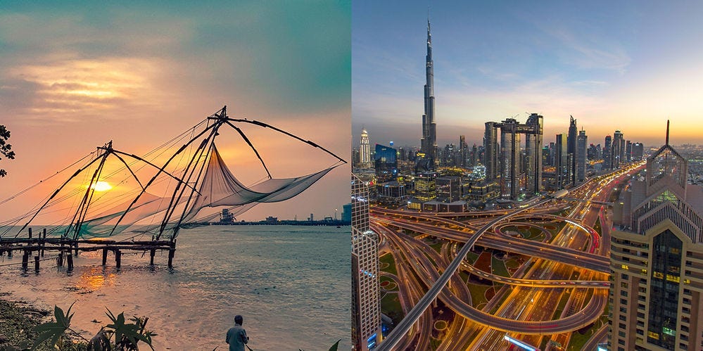 A collage image of Kochi and Dubai.