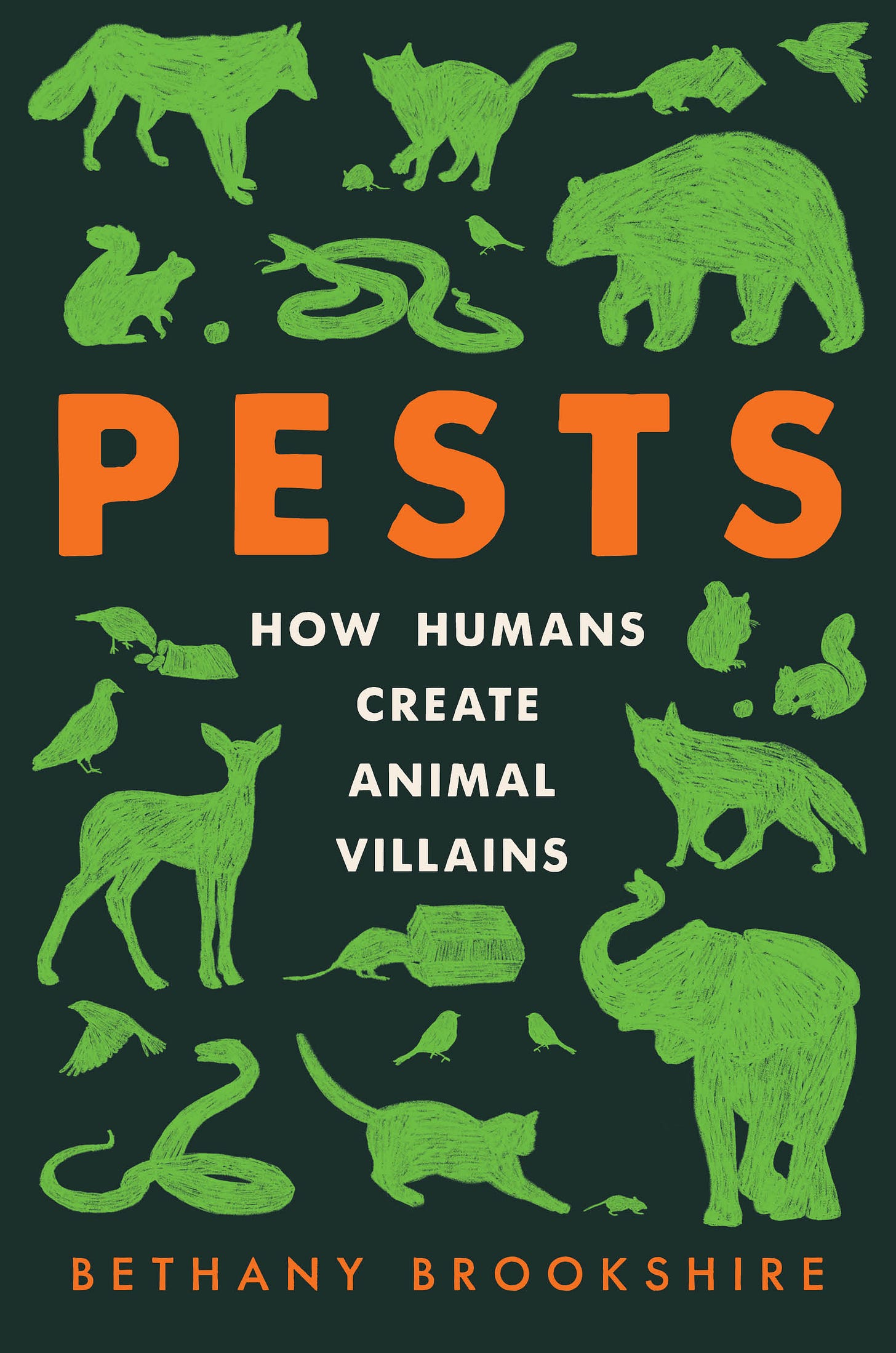 Orange text on a black field with green animal silhouettes. Title is Pests: How Humans Create Animal Villains