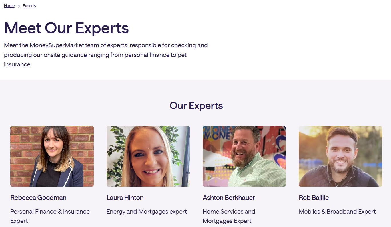 Money Supermarket's 'Meet Our Experts' page screenshot