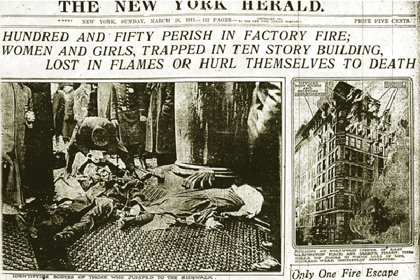 Screenshot of the New York Herald the day after the Triangle Shirtwaist Factory Fire, with a big headline announcing 150 workers perished. Featured is one photo of the fire and another of deceased victims on the sidewalk.