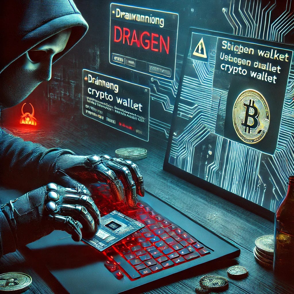 An artistic, cinematic-style depiction of a hacker using a stolen cryptocurrency wallet. The image should feature a dark, futuristic setting with a glowing laptop screen displaying a drained crypto wallet, red warning messages, and a masked figure typing on a keyboard. The composition should be intense, with a focus on digital crime and financial loss.