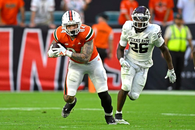 MIAMI GARDENS, FL - SEPTEMBER 09:  Miami tight end Cam McCormick (84) takes a reception 20 yards while pursued by Texas A&M defensive back Demani Richardson (26) in the fourth quarter as the Miami Hurricanes faced the Texas A&M Aggies on September 9, 2023, at Hard Rock Stadium in Miami Gardens, Florida. (Photo by Samuel Lewis/Icon Sportswire via Getty Images)