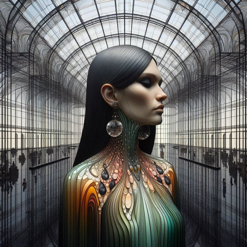 inside glass structure; 5d angle glass embedded Altgeld hall building/ close up of womans face; in front of  Altgeld hall in olive, chartrues, sequence dress /collar made of black water in resin/long black hair falling into her face. coral orange, pink, cream, olive address/earrings made of moons aglow/ reverberating waves. black hole in floor/ water in resin verdigris./ standing on stage/ In the style of Michael Parkes. black etching/ black linework/ white tiger / black sky 