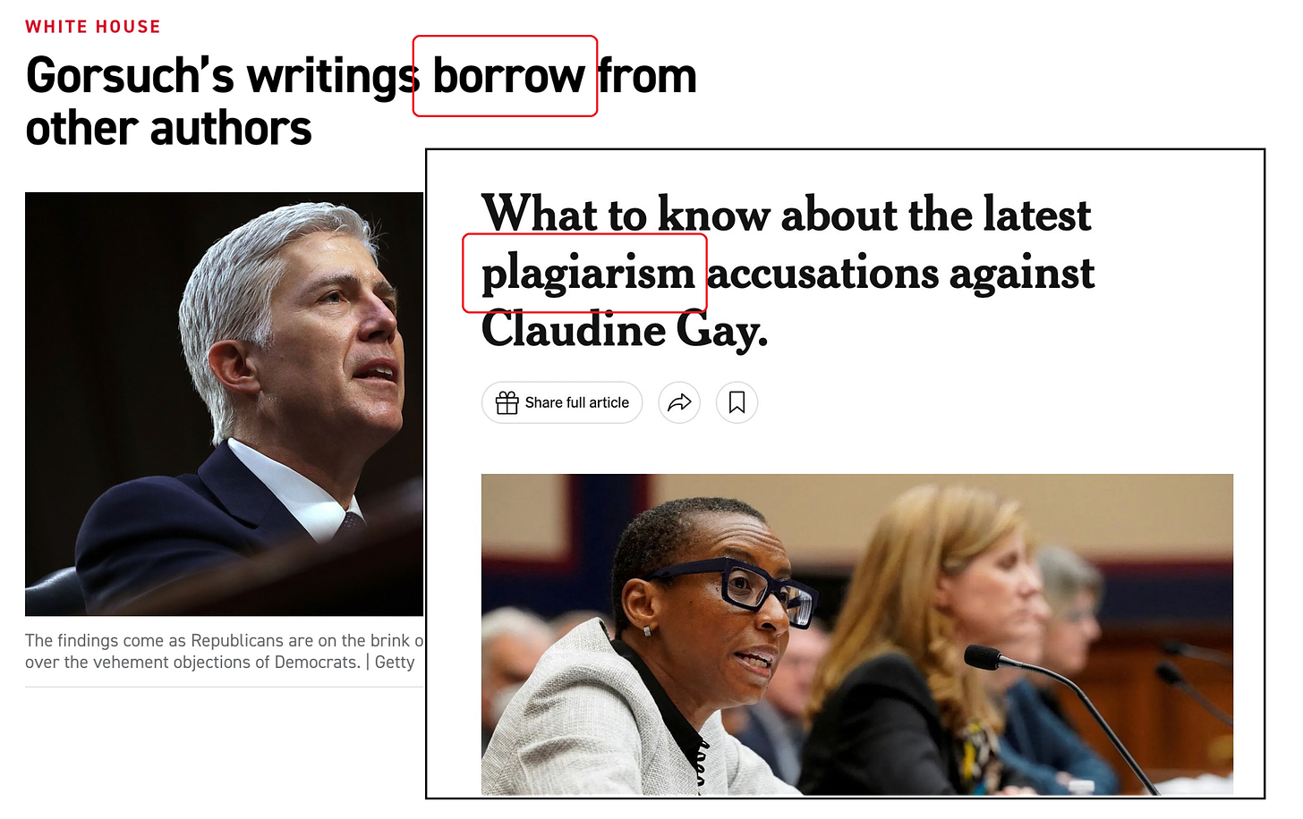 Two headlines, both from Politico. One says "Gorsuch's writings borrow from other authors." The other says "What to know about the latest plagiarism accusations against Claudine Gay."