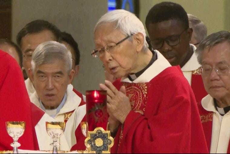 Cardinal Joseph Zen attends the service presided by Hong Kong's Bishop and new Cardinal Stephen Chow, unseen, at Hong Kong's Cathedral of the Immaculate Conception in Hong Kong, Saturday, Nov. 4, 2023. 