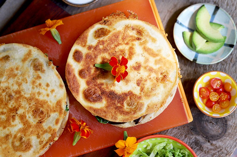 Little Corn, Shiitake, Spinach and Cheddar Quesadilla; Cook the Vineyard