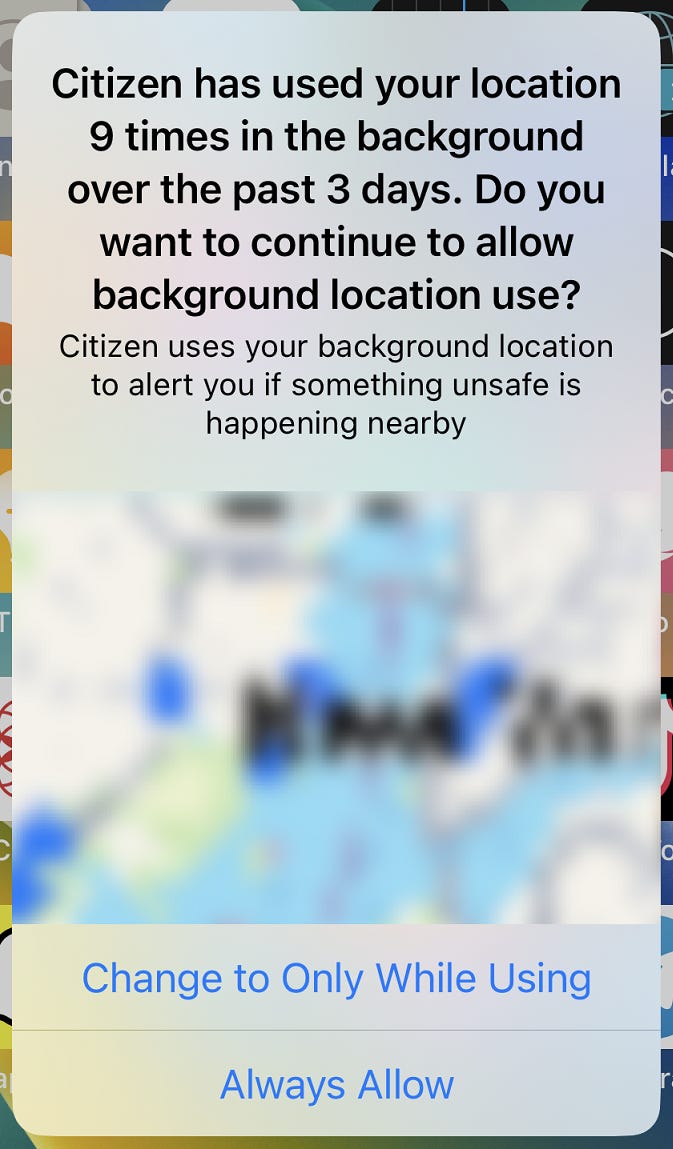 Pop up on an iPhone prompting the user to confirm that the Citizen app should continue to have access to location data when the app is running in the background.