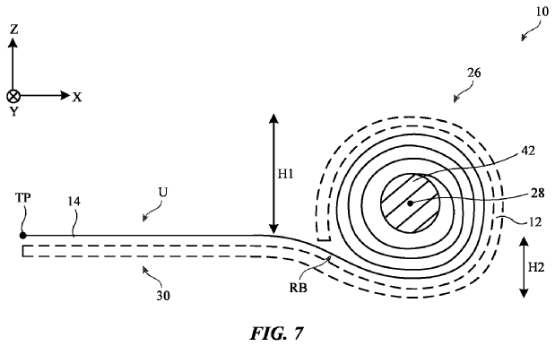 FIG. 7 is a cross-sectional side view of an illustrative electronic device in which an outwardly facing surface of a display has a first area that receives compressive stress when rolled while a second area receives tensile stress in accordance with an embodiment.