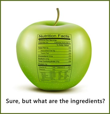Apple with nutrition facts label. Concept of healthy food, image © ecco 