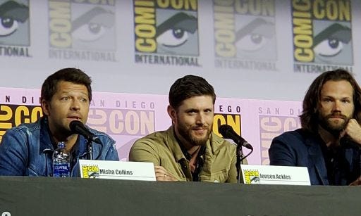 Supernatural Misha Collins very emotional with Jensen Ackles Jared Padalecki Comic Con