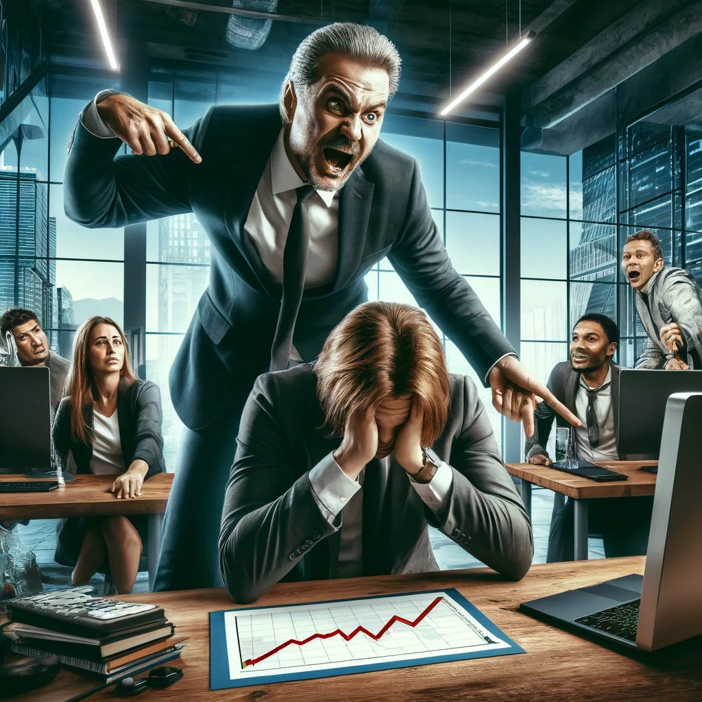 A dynamic scene showing extreme feedback in a workplace setting. A manager with an exaggerated, intense expression is giving feedback to an employee, who appears overwhelmed and stressed. The setting is a modern office with desks, computers, and glass walls. The manager is pointing at a chart with a steep decline, while the employee looks down, gripping the edge of the desk. The background includes a few colleagues who are reacting with surprise and concern, emphasizing the intensity of the moment. The overall atmosphere is tense and dramatic.