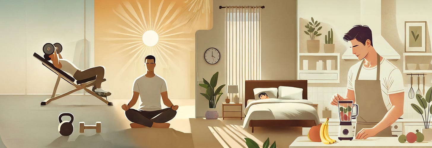 Illustration depicting a holistic lifestyle journey, showcasing fitness, meditation, rest, and nutrition in a modern, minimalist style. Perfect for wellness, health, and productivity content. Illustration depicting a holistic lifestyle journey, showcasing fitness, meditation, rest, and nutrition in a modern, minimalist style. Perfect for wellness, health, and productivity content.