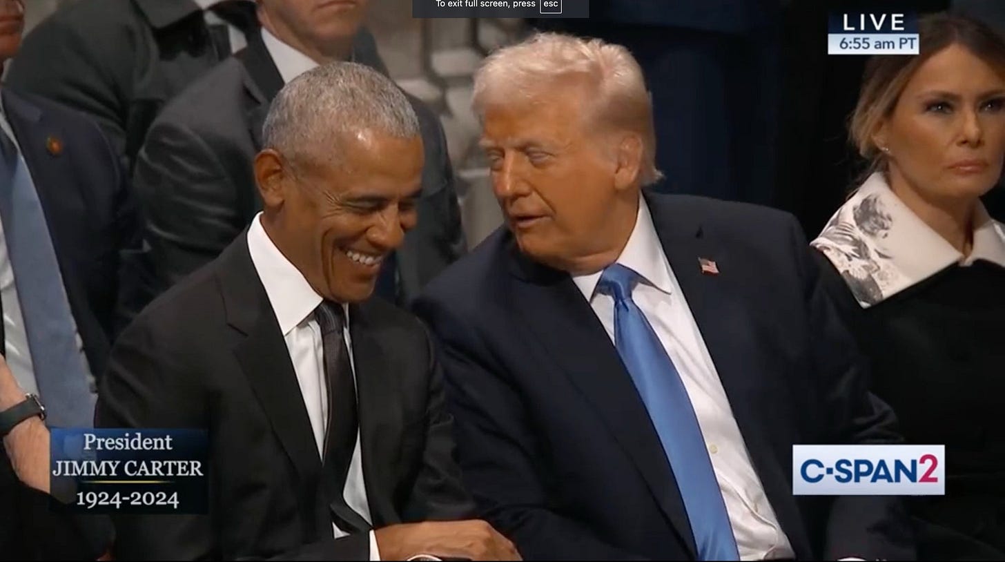 Obama and Trump having a laugh at Jimmy Carter’s funeral 