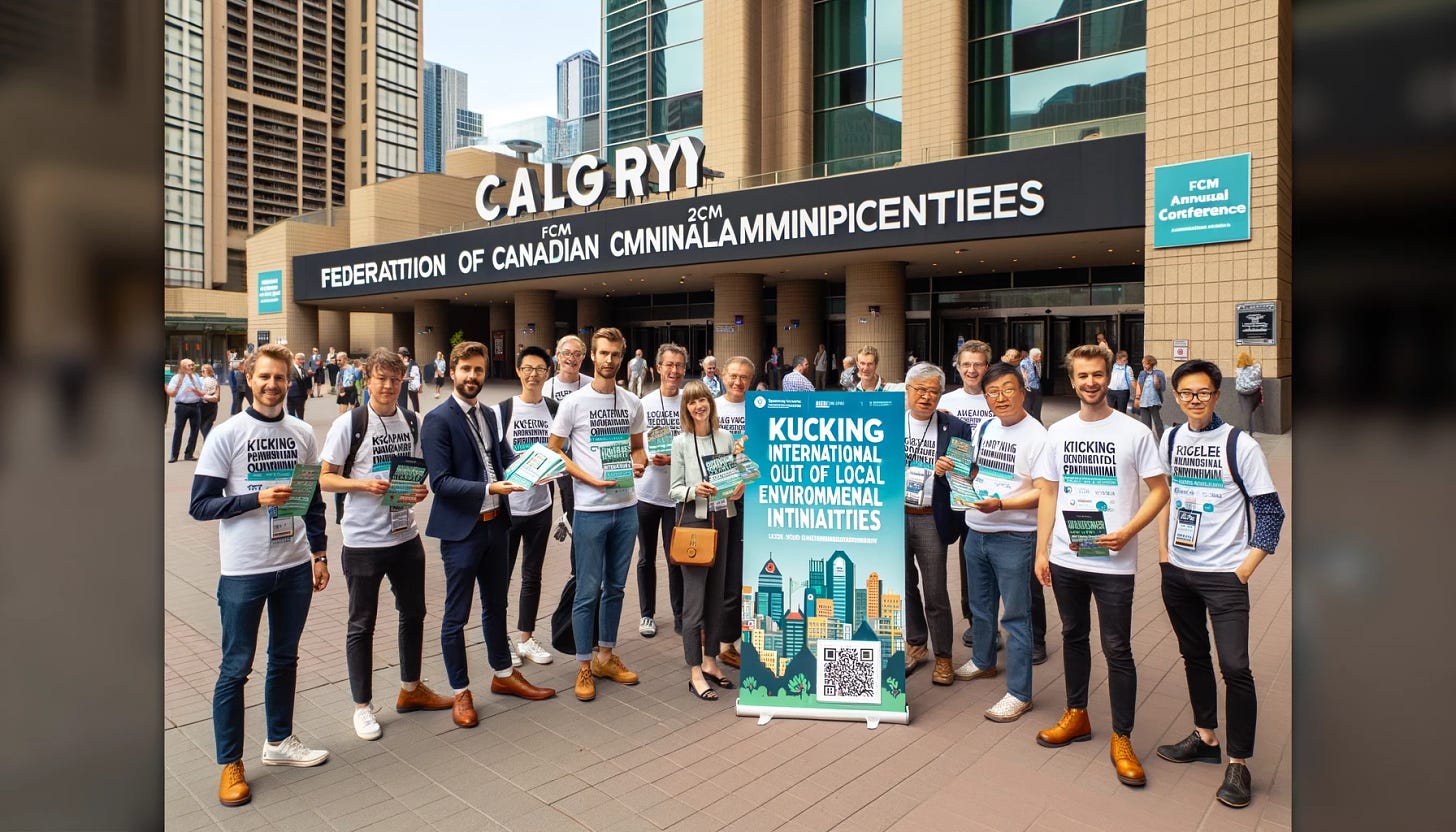 A diverse group of enthusiastic volunteers standing outside a conference center in Calgary, wearing matching white t-shirts with the KICLEI logo that says 'Kicking International Council Out of Local Environmental Initiatives'. They are holding pamphlets and flyers with QR codes and engaging in polite conversations with mayors and municipal council members arriving for the Federation of Canadian Municipalities conference. Some volunteers are seen actively talking with mayors and municipal council members, handing out pamphlets and pointing to the KICLEI banner. The scene includes a large banner with the KICLEI logo and website, and the conference center has signage indicating 'FCM Annual Conference'. The volunteers look friendly and approachable, with a few of them pointing towards the pamphlets and the banner, creating an inviting atmosphere.