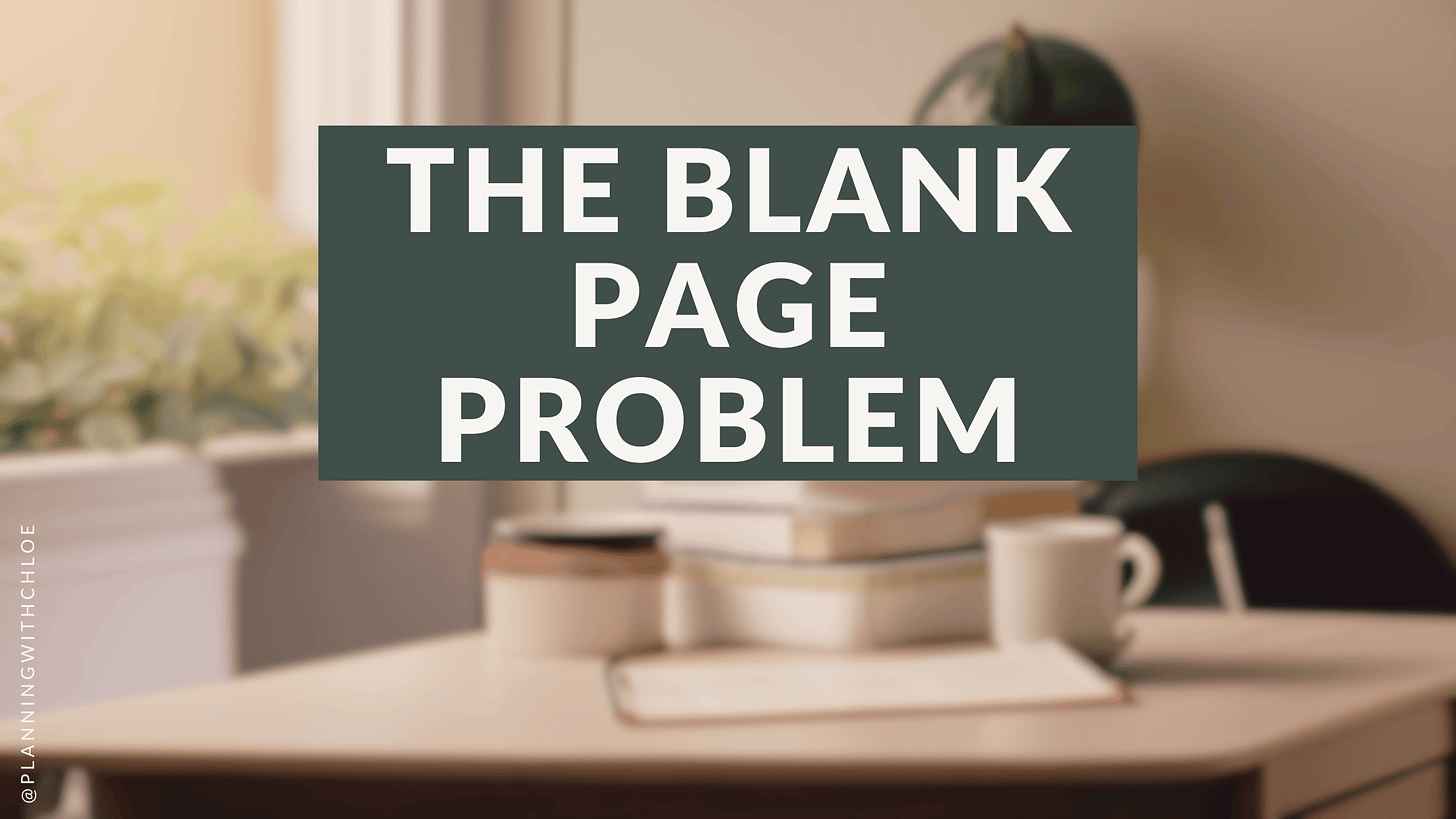 "The Blank Page Problem" (Image of a stack of books, on a desk, with a cup)