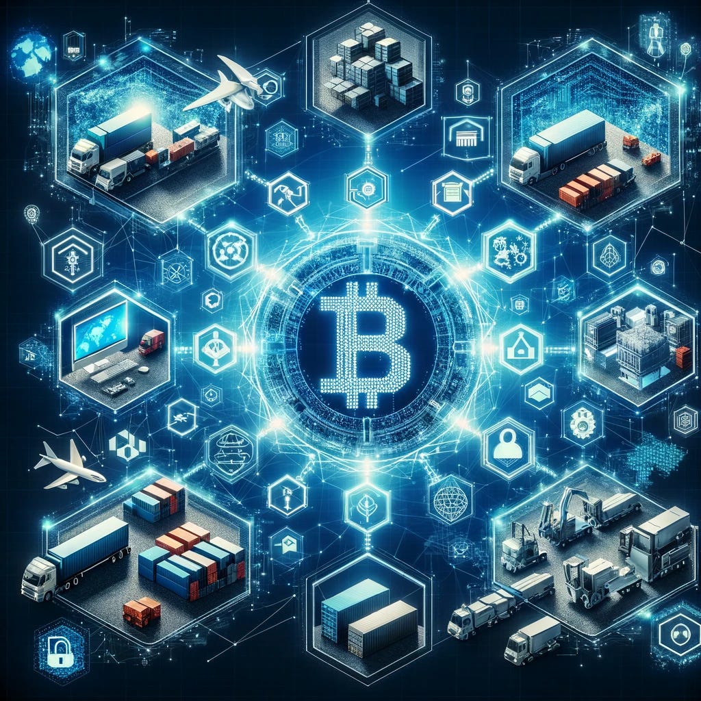 Create an image illustrating the use of Blockchain technology in the supply chain. The image should depict a futuristic and secure supply chain network, with Blockchain as the central theme. Visual elements could include a digital chain or network of blocks representing the Blockchain, encrypted data flowing between these blocks, and icons or symbols for transparency, security, and traceability. Additionally, incorporate elements that represent the supply chain, such as shipping containers, warehouses, digital maps, and various modes of transportation (trucks, ships, planes). The overall impression should convey the idea of an interconnected, transparent, and tamper-proof system enabled by Blockchain technology, highlighting its benefits in enhancing supply chain efficiency, security, and trust.