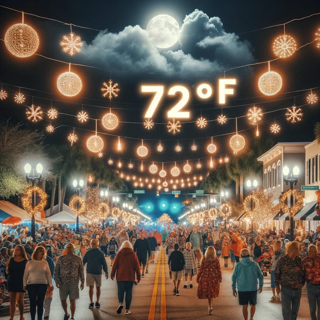 An evening holiday light parade in Palm Bay, Florida, with an adjusted temperature of 72°F. The image shows a lively street scene with people enjoying the parade, under a mostly cloudy sky. The festive lights and decorations create a warm, celebratory atmosphere. Some attendees are dressed in light clothing, reflecting the mild weather. The temperature '72°F' is creatively integrated into the scene, possibly displayed on banners or as part of the light decorations, highlighting the pleasant and mild evening weather.