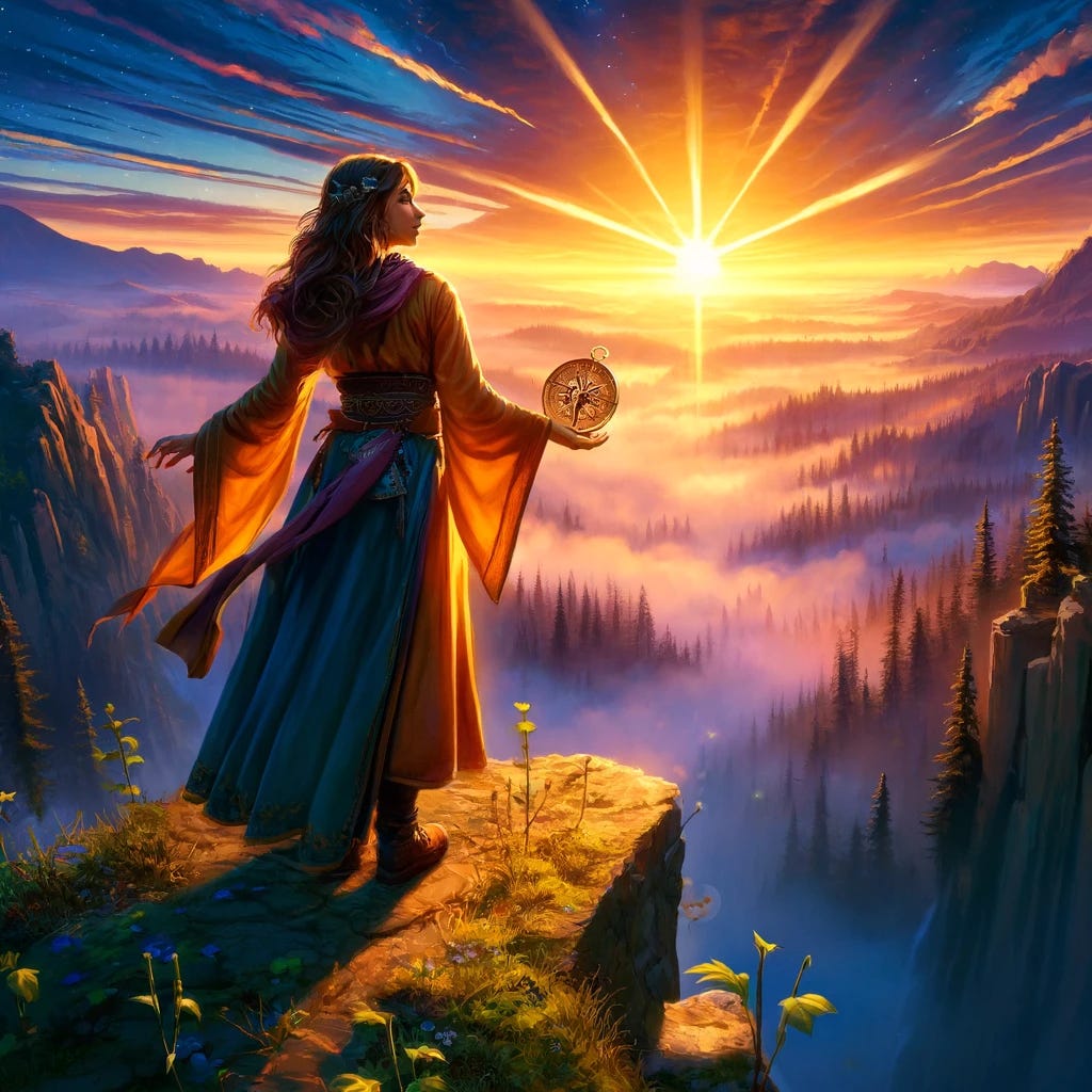 Visualize The Wounded Dreamer standing at the edge of a majestic cliff in the enchanted forest of Mirrormere, overlooking a breathtaking panorama of the realm under the first light of dawn. She stands tall and confident, with her gaze fixed on the horizon, embodying her journey towards self-discovery and the pursuit of her core values. In one hand, she holds a compass, symbolizing her inner guidance and the personal values that direct her path. The other hand is open and reaching towards the sky, capturing her aspiration to grow and impact the world around her. The rising sun casts a warm, golden light over her, highlighting her face and the determination in her eyes. This moment signifies a pledge to her own growth, authenticity, and the pursuit of deep, meaningful connections. The scene is alive with vibrant colors of the dawn sky, mirroring the hope and renewal that drive her. Around her feet, small sprouts push through the earth, representing the growth and positive change she aspires to foster in herself and others.