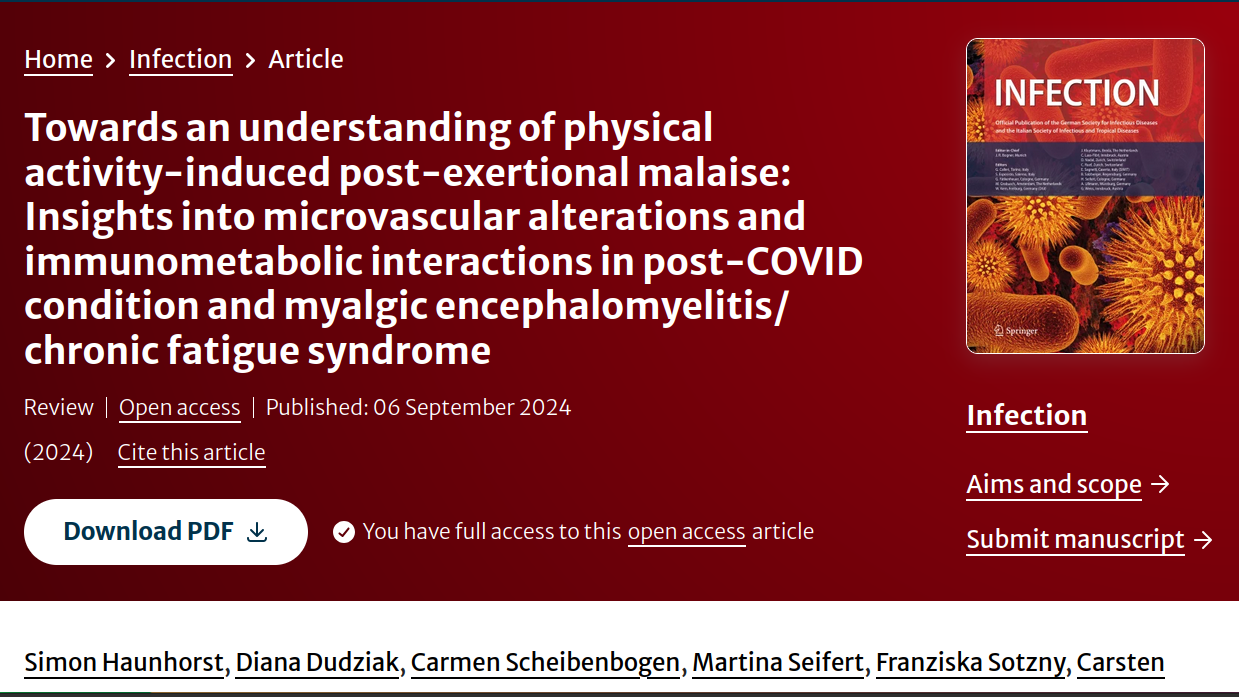 Screenshot of a scientific paper. Title: Towards an understanding of physical activity-induced post-exertional malaise: Insights into microvascular alterations and immunometabolic interactions in post-COVID condition and myalgic encephalomyelitis/chronic fatigue syndrome