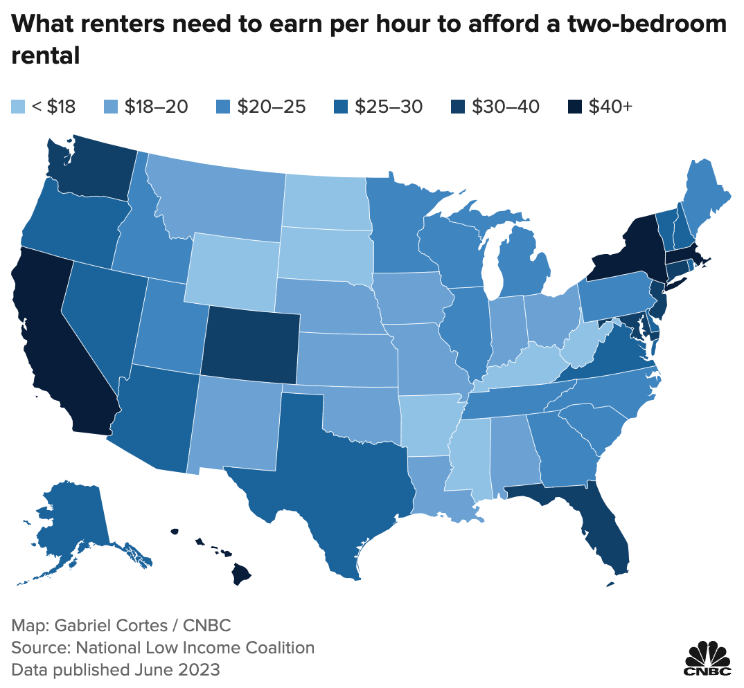 Map of “What renters need to earn per hour to afford a two-bedroom rental” (CNBC)