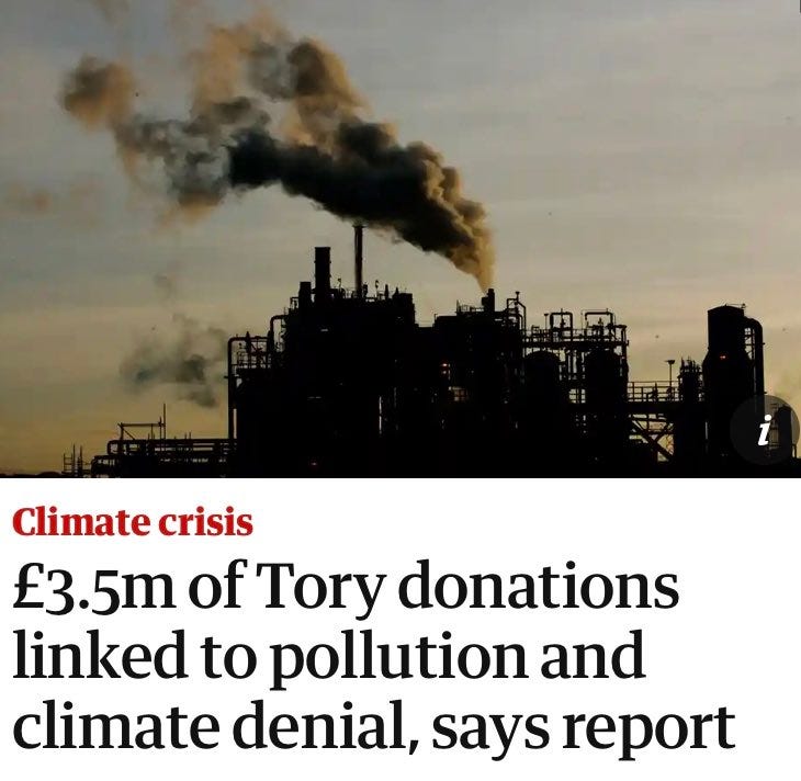 Screenshot of Guardian headline that reads "3.5 million pounds of Tory donations linked to pollution and climate denial, says report."