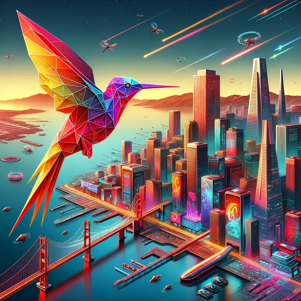 A red to yellow gradient origami hummingbird is soaring above a futuristic rendition of San Francisco. The entire image, including the bird, is reimagined in a futuristic sci-fi style. Skyscrapers with sleek, metallic surfaces tower over the city, adorned with holographic billboards and neon lights. Autonomous vehicles and drones fill the skies, weaving between the buildings. The iconic Golden Gate Bridge is re-envisioned as a hyperloop transit system, and the bay is dotted with floating platforms and aquatic habitats. The origami hummingbird itself is enhanced with cybernetic elements and geometric patterns, embodying the blend of nature and advanced technology.