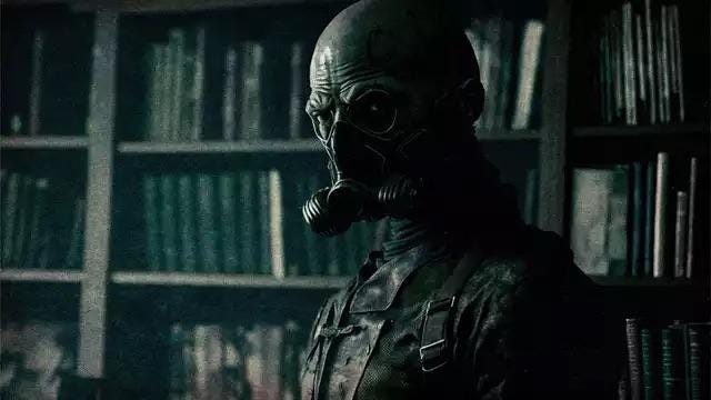 An AI-generated film frame of the character Psycho Mantis from the Metal Gear Solid series, standing in front of a bookshelf, wearing glasses and a half-face respirator.