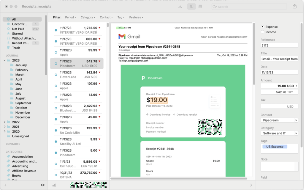 A screenshot from the Receipts Mac App