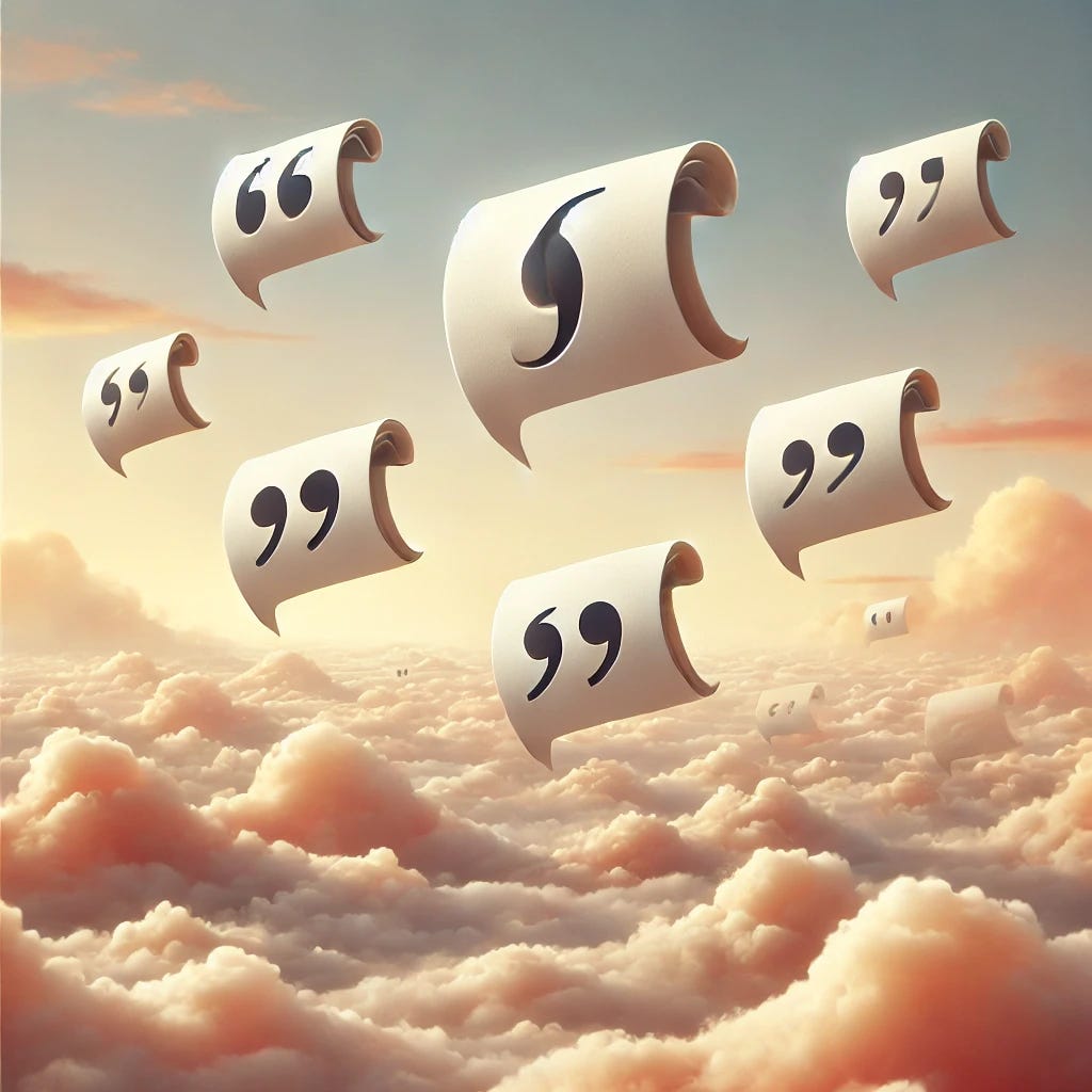 A surreal and minimalist illustration of five small notes of paper, each containing quotation marks (" "), floating in different directions as if carried by the wind. The notes appear to be gently taking flight, symbolizing ideas and imagination soaring. The background features a soft, dreamy sky with warm hues and delicate clouds, evoking a sense of creativity and inspiration. The composition is sparse and elegant, with each note drifting uniquely.