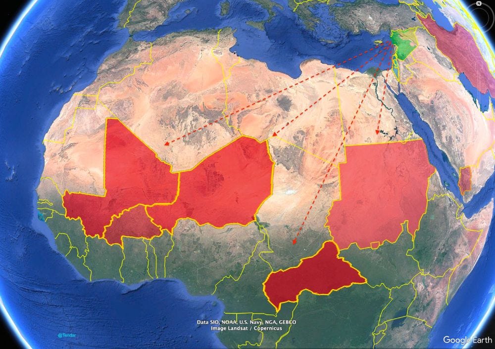 Map of continent africa, with arrows showing supply lines from Syria