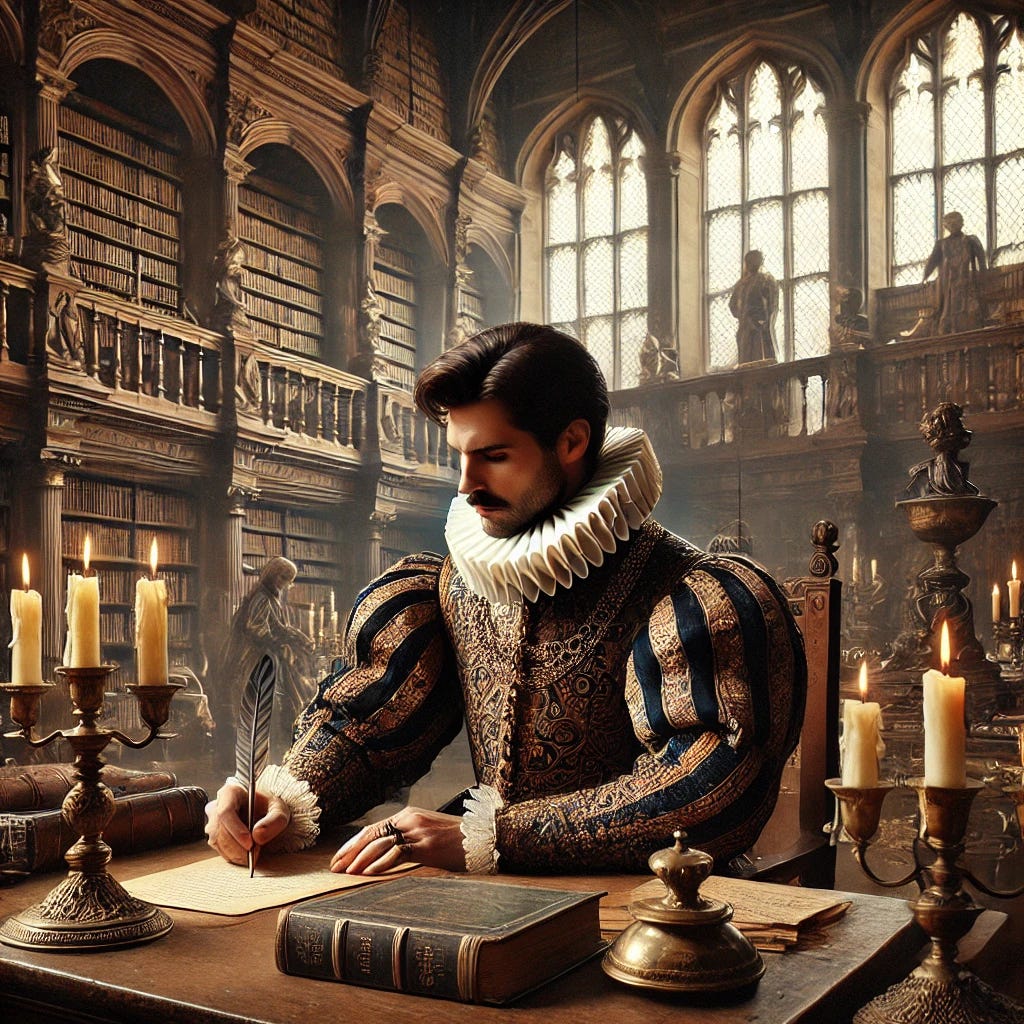 A detailed scene of a distinguished gentleman in sixteenth-century attire, wearing an ornate Elizabethan-style doublet with a ruffled collar, sitting at a large wooden table in a grand historical library. The gentleman, with dark hair, is writing with a quill on parchment, surrounded by candleholders, old books, and historical objects. The library features towering bookshelves filled with leather-bound books, intricate woodwork, and large arched windows that allow sunlight to stream in, casting a warm glow. The overall atmosphere is refined and intellectual, reminiscent of the sixteenth-century Tudor era.