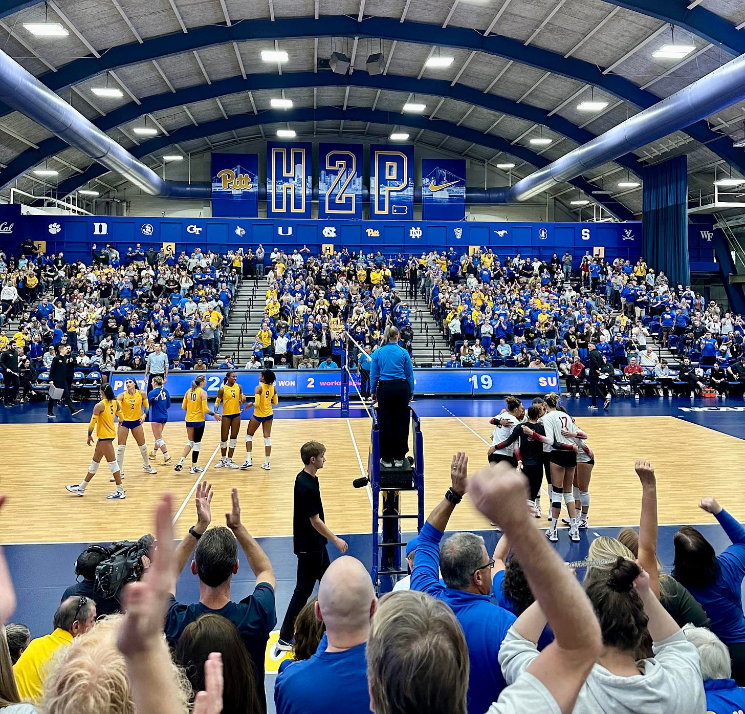 Photo shows a sellout crowd during Pitt Volleyball's match against Stanford