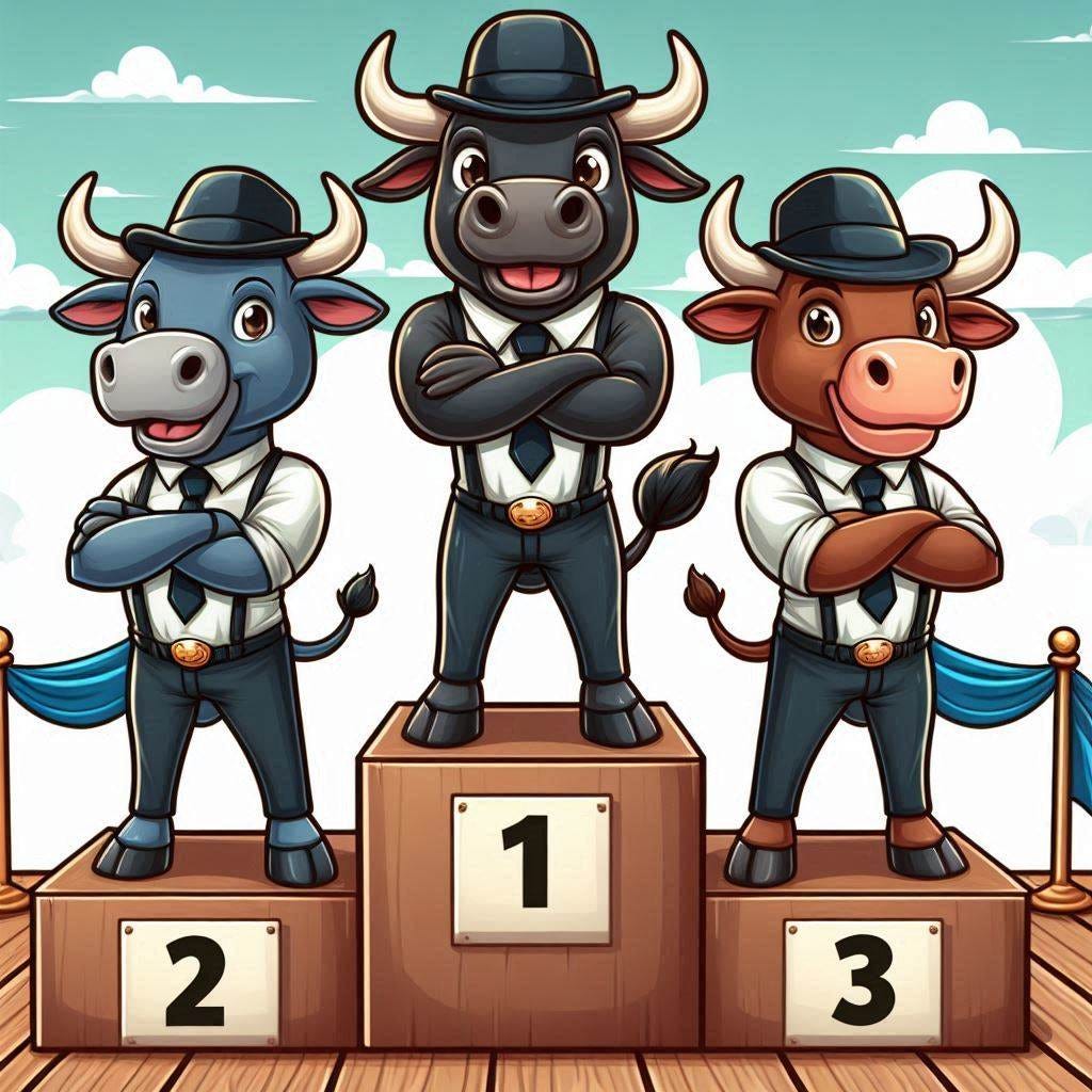 Bulls Standing on the Winner podium stock cartoon