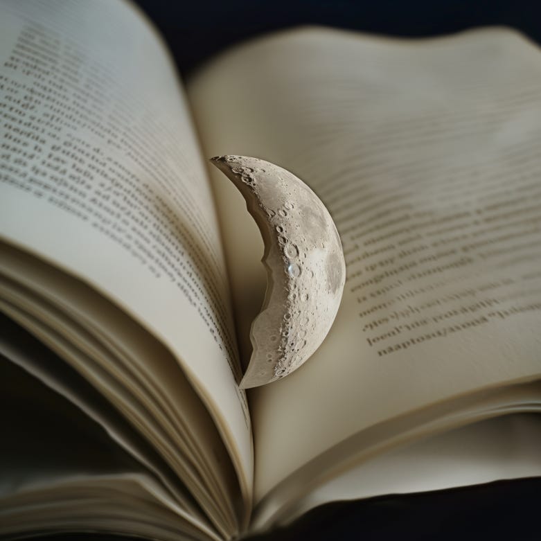 A small moon between pages of an old book