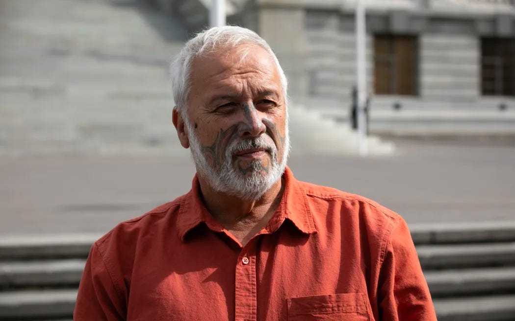 Photo of Iwi leader Mike Smith standing in front of Parliament steps, blurred background.