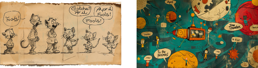 A dual-paneled illustration: on the left, a sequence of comic-style sketches depicts anthropomorphic foxes in various stances, with speech bubbles saying "Fools!", "Gotcha!!", and "April Fools!"; the aged paper background adds a vintage look. The right panel features a playful, space-themed scene with quirky characters, including an astronaut and a time traveler, among whimsical celestial bodies and spacecraft, with captions like "To the pranks!" and "Time Traveler." The artwork combines elements of adventure and humor with a lively color scheme.