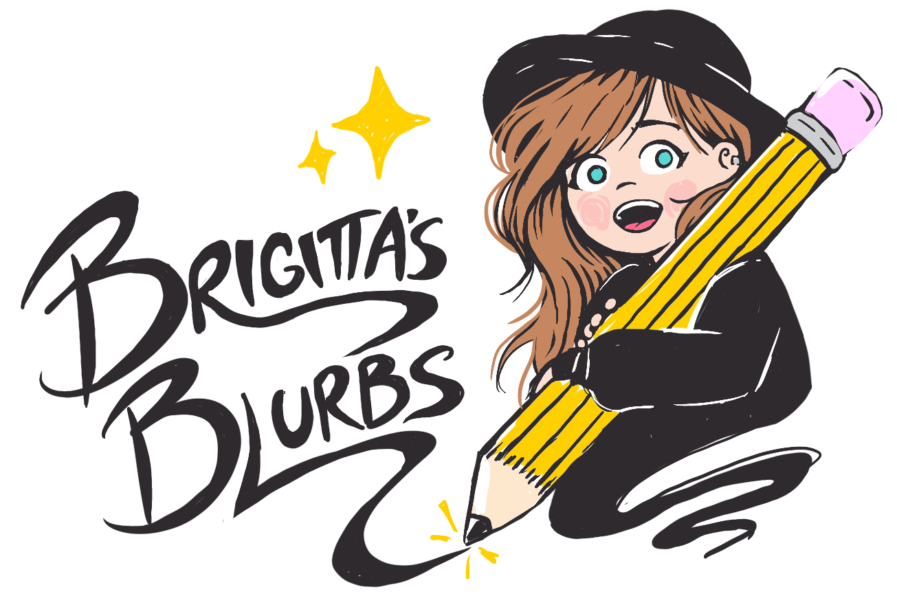 Chibi version of Brigitta with a hat on writing "Brigitta Blair" with a giant pencil.