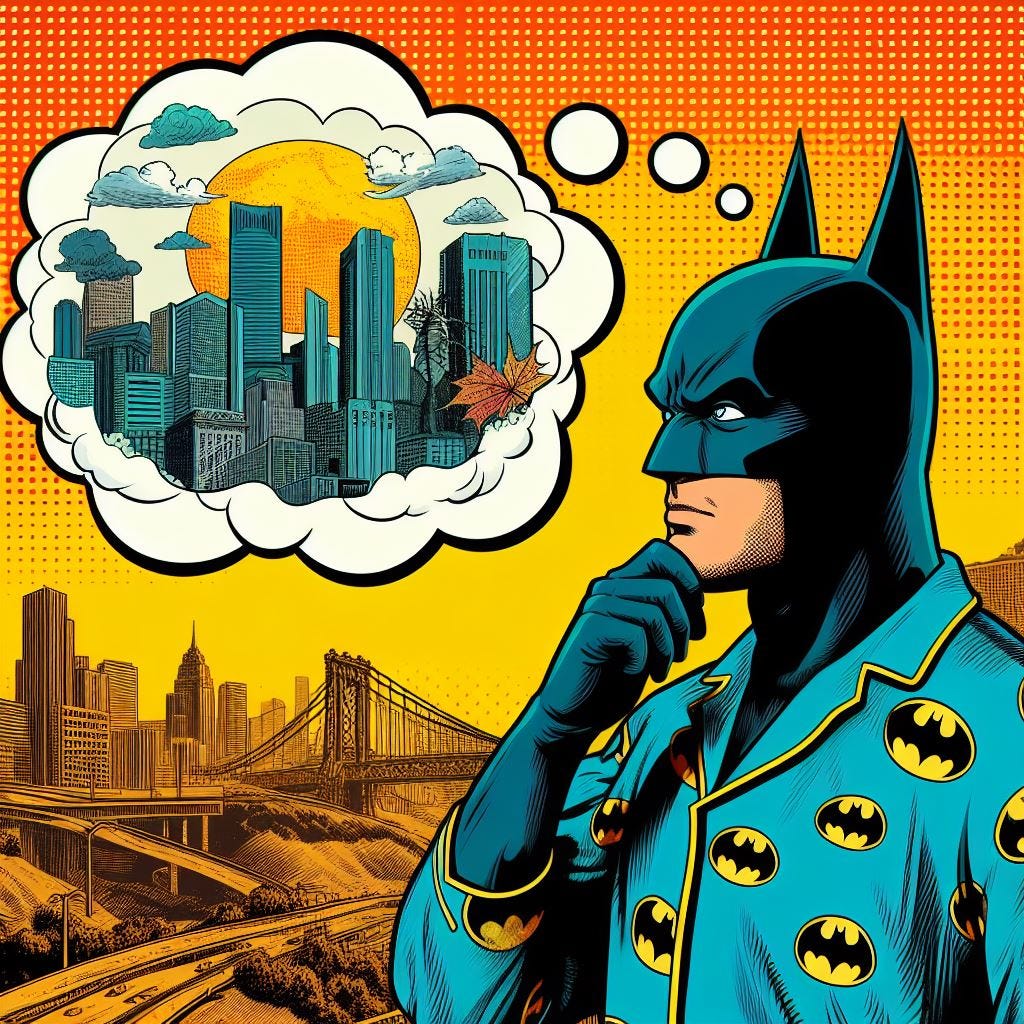 Batman in pijamas thinking about utopia and dystopia of the future in american comics style