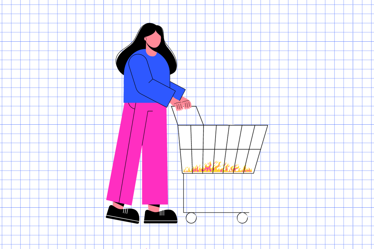 Woman pushing a shopping trolley on fire.