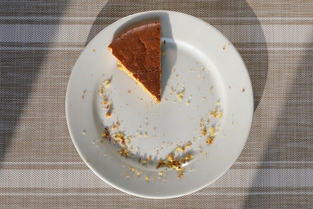 Premium Photo | Last piece of baked pie on plate with crumbs from others in  flat lay