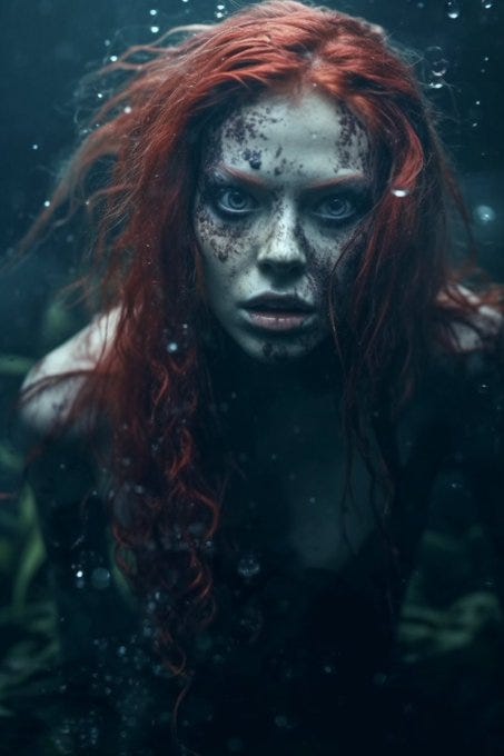 Zombie Ariel emerging from the ocean with red eyes and striking red hair and a haunting, tattered mermaid tail, surrounded by eerie underwater creatures, in a dark and gloomy seascape, hyperrealistic, 8k Ultra HD --v 5 --q 2 --s 1000 --ar 2:3 