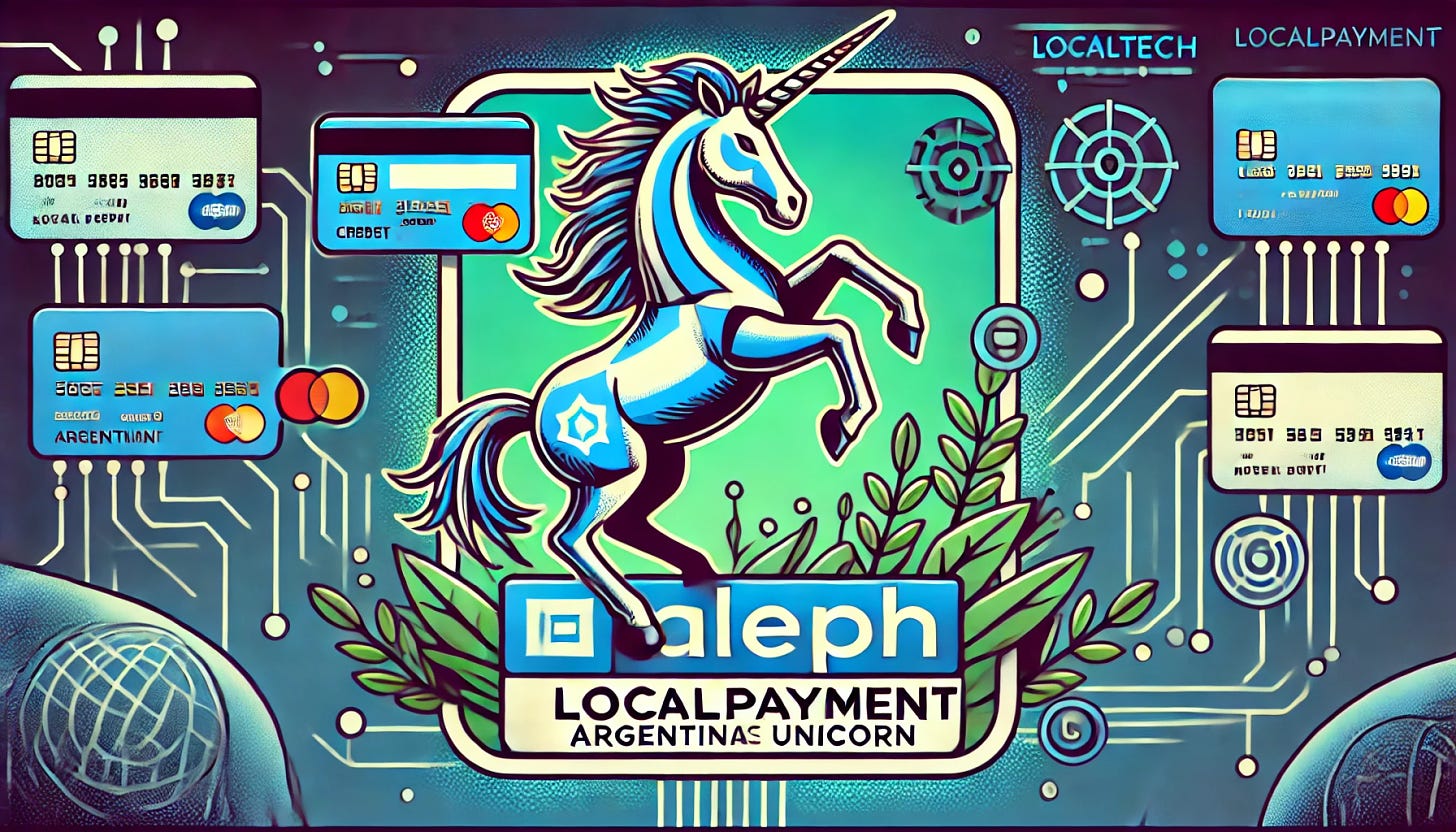 A stylized rectangular image featuring Aleph, the Argentine unicorn, acquiring LocalPayment in a bold move to dominate the fintech industry. The image should highlight the power of fintech with Aleph's logo symbolically taking over LocalPayment, using strong colors like blue and green to represent growth and technology. The background should feature a digital world with money, credit cards, and technology symbols intertwined. Incorporate a unicorn symbol to represent Aleph's unicorn status. The style should be similar to previous pop-art inspired fintech images with bold lines and bright colors.