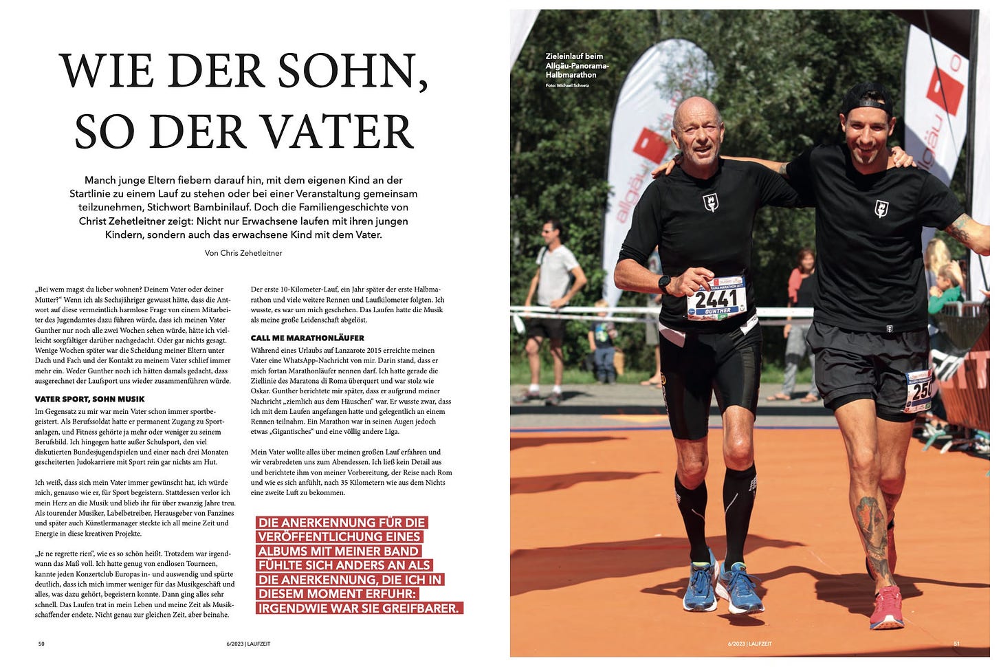 Double page of a Laufzeit Magazine Story called "Wie der Sohn, So der Vater"