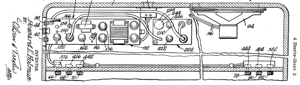 A drawing from the 112 patent showing the inside of the case. The amplifier is on the left, and the speaker is on the right, as usual. In the middle, there is an extra amp chassis, which represents the auxiliary amplifier containing an optional effects unit. The auxiliary amplifiers connects to two wiring harnesses mounted in the face of the 112, one on the left and one on the right, each with three knobs.