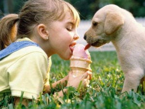 kid and dog eating icecream