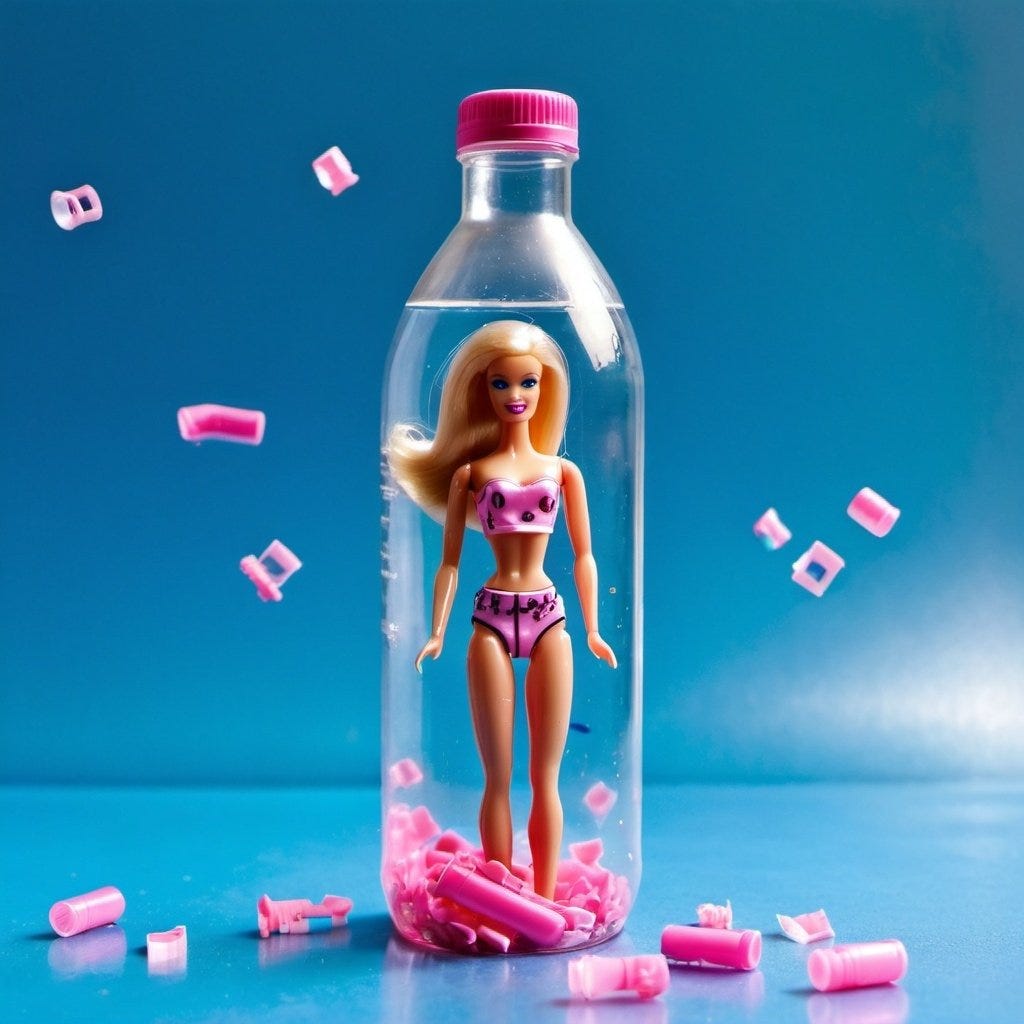 Plastic water bottle with a barbie doll inside dissolving into tiny pieces of plastic.