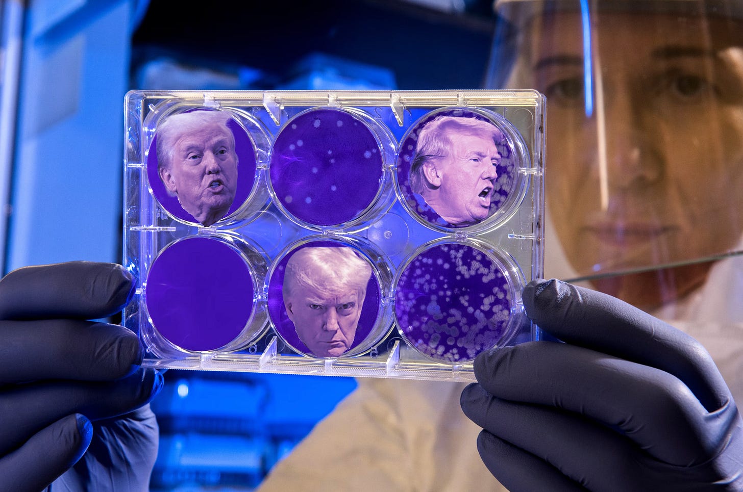 female scientist holding a six well plate growing bacteria. in three of the wells, donald trump's disembodied head peers back at her