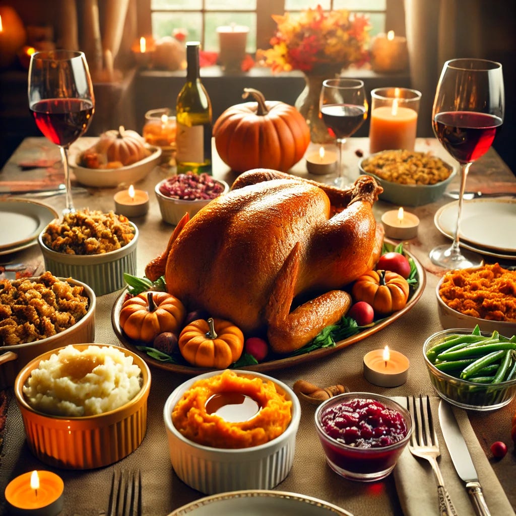 A warm, inviting Thanksgiving dinner table with a golden-brown roasted turkey at the center, surrounded by bowls of mashed potatoes, stuffing, cranberry sauce, green beans, and sweet potato casserole. The table is set with plates, forks, and glasses of wine, and the atmosphere is cozy with soft lighting, candles, and autumn-themed decorations like small pumpkins and fall leaves. A festive, homely setting perfect for a family gathering.